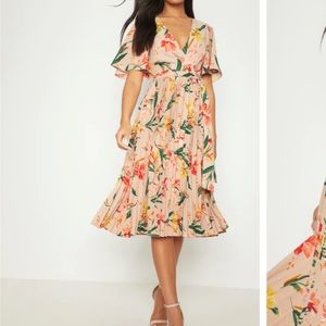 Pink Floral Pleated Midi Dress